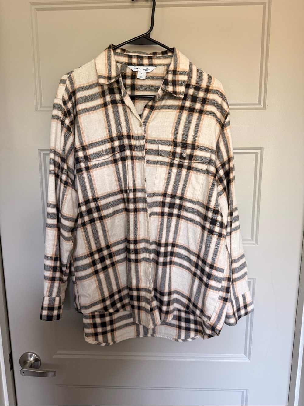 Old Navy Cream Plaid Flannel Oversized Button-Down Shirt